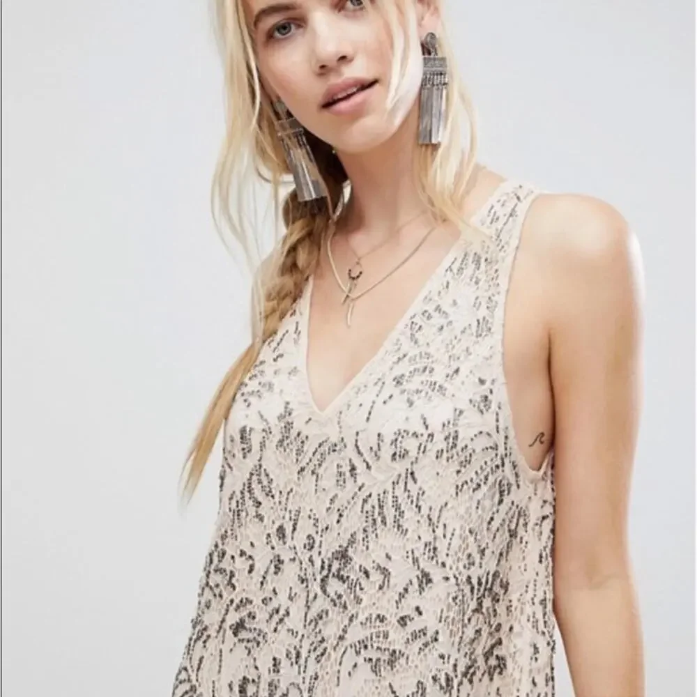 Free People Shine On Mini Dress Beaded Lace Sleeveless Beige Blush Women's Small